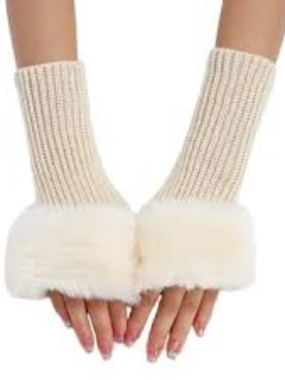 Faux Fur Trim Knit Wrist Warmers - Cream